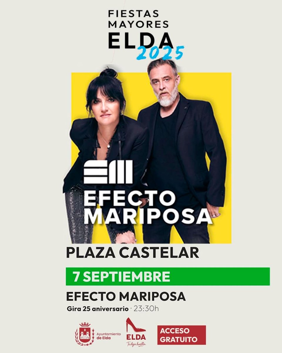 👩‍🎤 Próximo concierto 👉Elda (Alicante)
💫ACCESO GRATUITO

#EfectoMariposa #Conciertos #FiestasMayoresdeElda #FamiliaAttraction