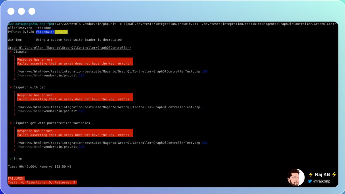 rajkbnp's tweet image. Having trouble running #Magento2 #GraphQL core integration tests.
Keep  getting an error message (as shown in the screenshot).
Is this a bug or feature? Any suggestions?