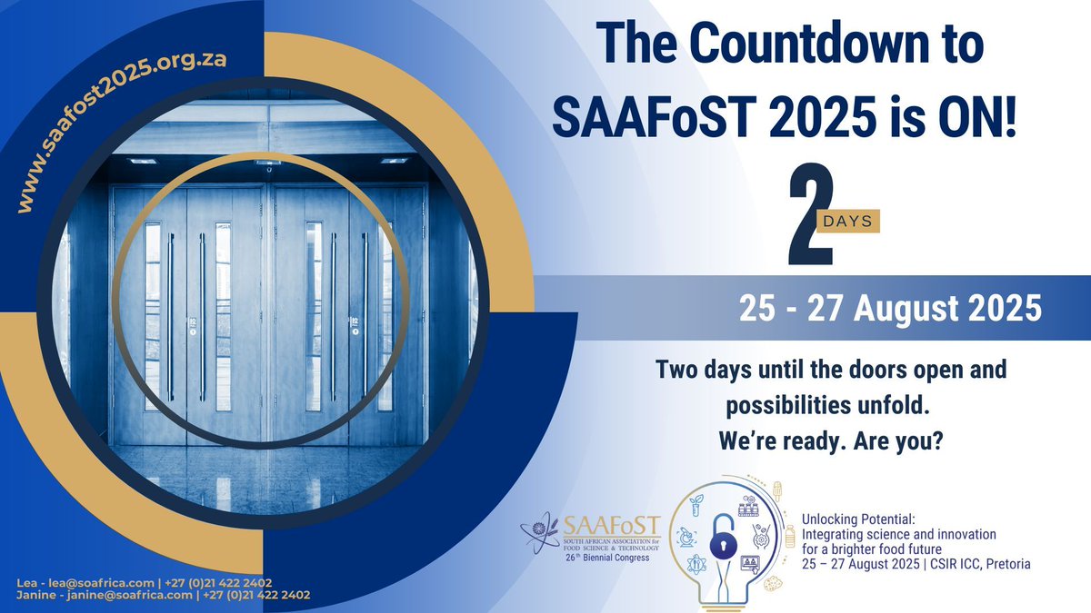 🔥 2 DAYS TO GO 🔥 

Science meets spice in Pretoria! 

🍲 Expect expert talks, cutting-edge insights &amp; top-tier networking. 
📍 25–27 Aug 2025 
Join us tinyurl.com/ms4fr5xf  

#SAAFoST2025 #FutureOfFood #ScienceAndSpice