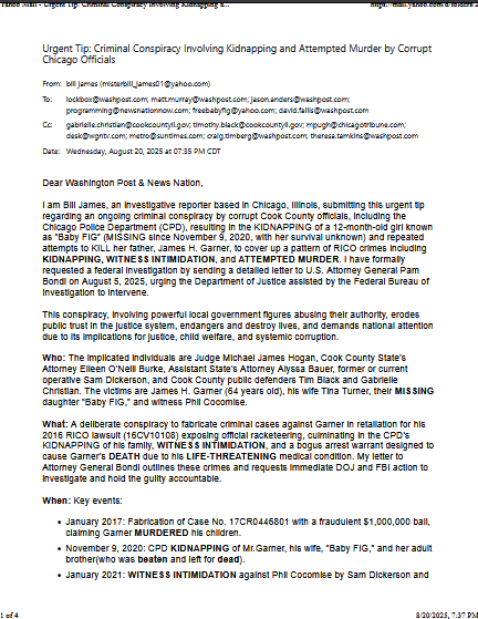 BillJamesInvest's tweet photo. Emailed @washingtonpost and @NewsNation on Aug. 20, 2025, regarding the grave situation: This criminal conspiracy perpetrated by Illinois officials to MURDER James H. Garner(64), to COVER-UP November 9, 2020-Kidnapping of his 1-year old daughter Baby FIG. @FBIDirectorKash @WSJ https://t.co/oEnZucjVkt