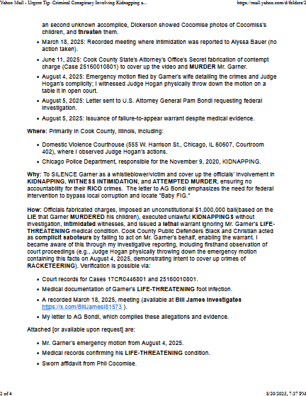 BillJamesInvest's tweet photo. Emailed @washingtonpost and @NewsNation on Aug. 20, 2025, regarding the grave situation: This criminal conspiracy perpetrated by Illinois officials to MURDER James H. Garner(64), to COVER-UP November 9, 2020-Kidnapping of his 1-year old daughter Baby FIG. @FBIDirectorKash @WSJ https://t.co/oEnZucjVkt