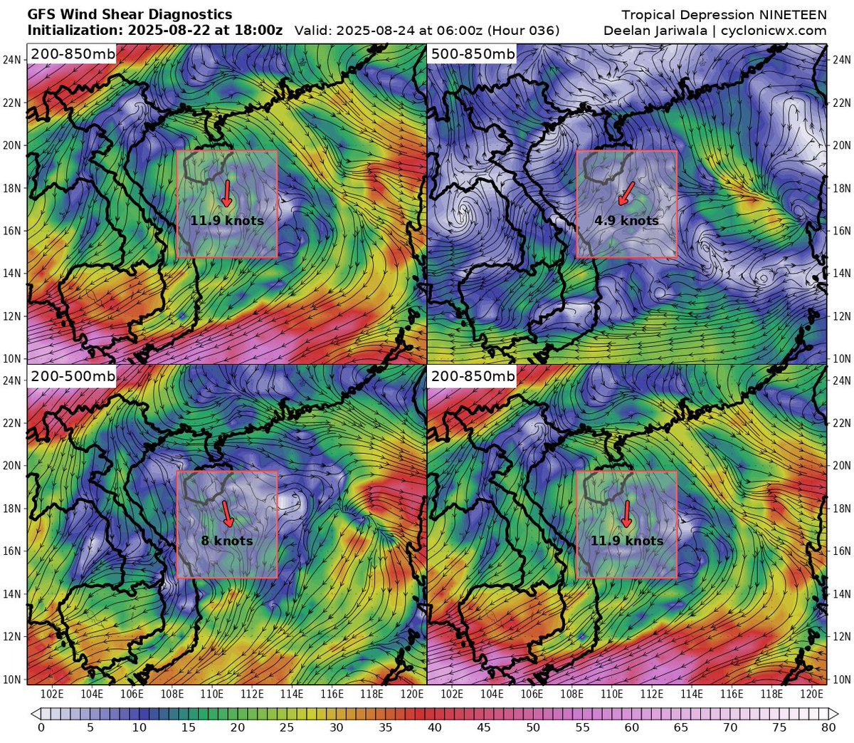 Veeringwindswx's tweet image. As the maximum deep-layer shear vector magnitude lowers below 15 kt for #19W in about 24 hours, a 24-36 hour period of rapid intensification seems likely in the South China Sea as long as it avoids significant interaction with Hainan, given otherwise supportive thermodynamics.