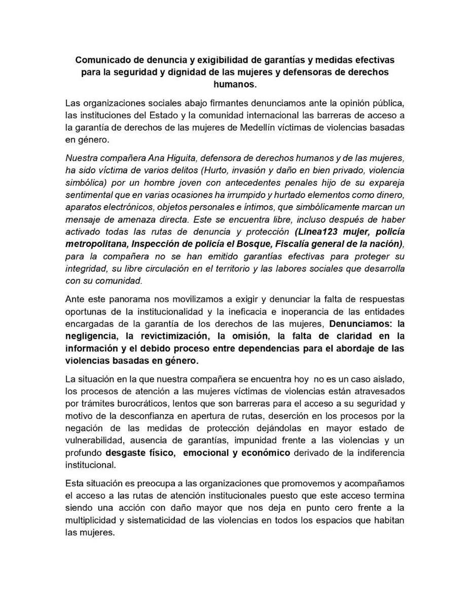 MesaMujer's tweet photo. 🔊COMUNICADO DE DENUNCIA Y EXIGIBILIDAD DE GARANTÍAS Y MEDIDAS EFECTIVAS PARA LA SEGURIDAD Y LA DIGNIDAD DE LAS MUJERES Y DEFENSORAS DE DERECHOS HUMANOS 📣 https://t.co/aG450Jvdru