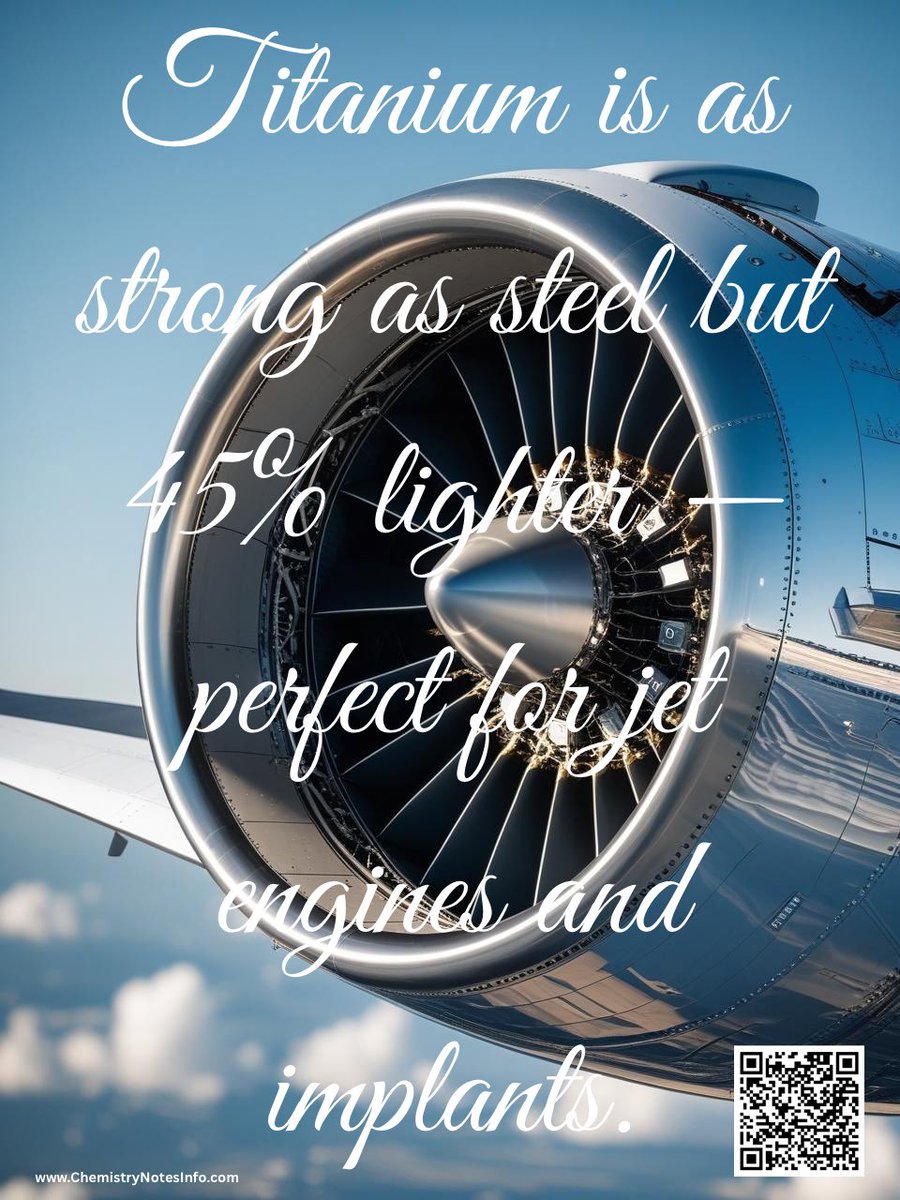 ChemNotesInfo's tweet image. Titanium is as strong as steel but 45% lighter — perfect for jet engines and implants.
chemistrynotesinfo.com/search/label/G… 
#titanium #titaniummetal #titaniumalloy #titaniumelement #steel #strong #lighter #jetengine #implants #science #chemistry #curiosity #gk #ChemistryNotesInfo #elements