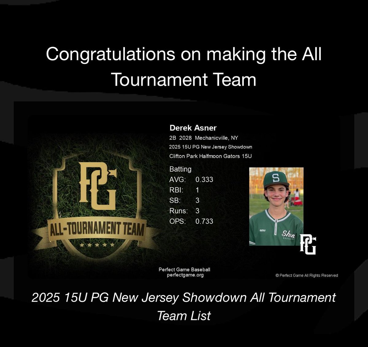 DerekAsner's tweet photo. The past year has been very special for me: I played in two @PerfectGame tournaments this season and was 2/2 for making the All Tournament team!  I was named for both pitching and hitting.  I had many great moments with teammates on and off the field. https://t.co/rDIYfSw8xT