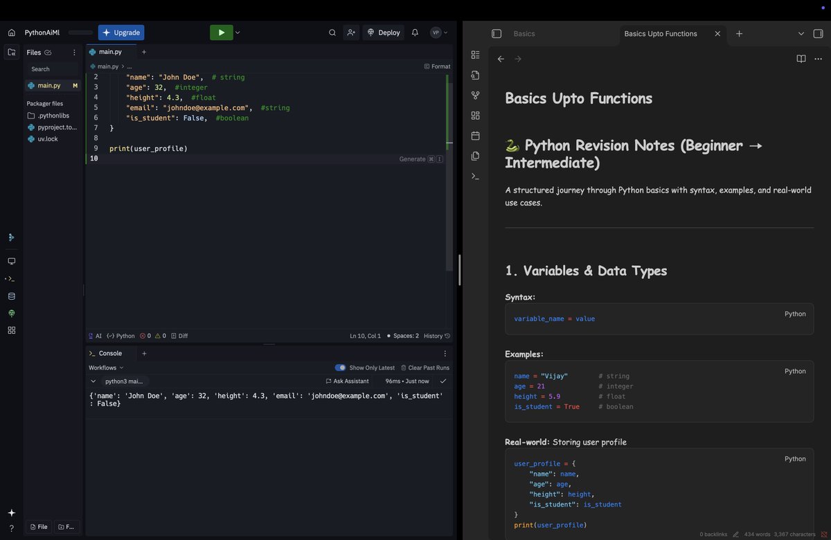 znozxCode's tweet image. How I learn : Screenshot of my split-screen setup with the coding platform and Obsidian notes! 📚 Side-by-side view for revising basics up to functions. Beginner to intermediate vibes.  #Python #LearnToCode #CodingBeginner #ObsidianNotes #Programming #TechJourney