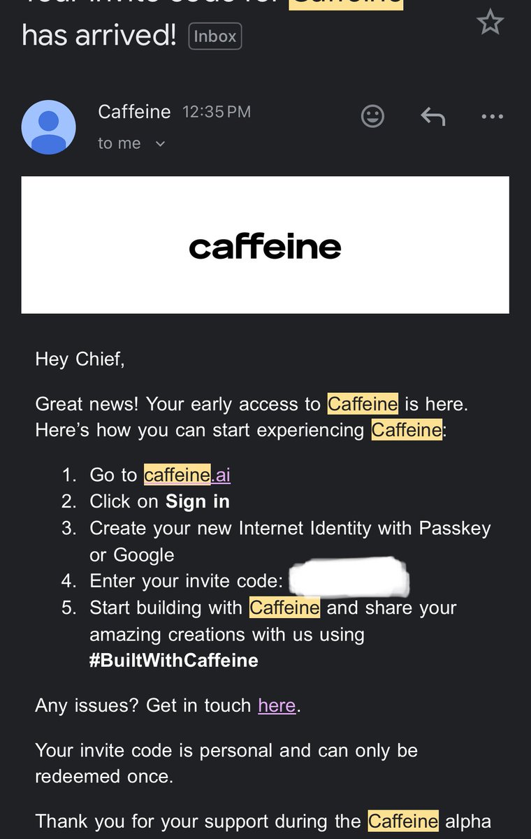 Finally got the caffeine access code!
$ICP #ICP