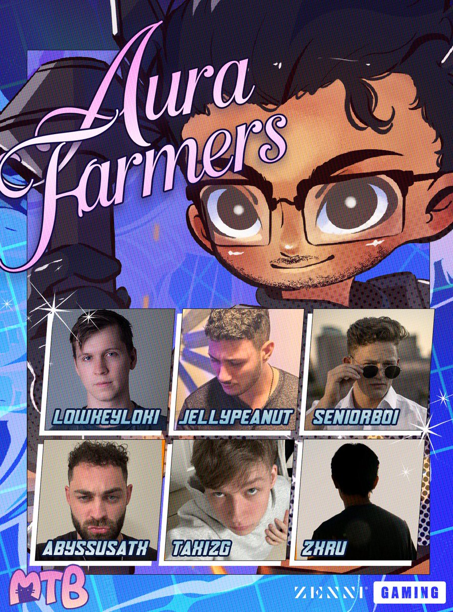 Presenting the eighth team of MTB Rivals!

Team Aura Farmers
<a href="/DJellyPeanut/">Jellypeanut 🇵🇸</a> (C)
LowkeyLoki
Seniorb0i
<a href="/TaxiDLegend/">Taxi2g</a> 
AbyssusATX
<a href="/Zxrruu/">Tyson</a> 

Be sure to tune in and watch them live on August 23-24 @ 3 PM EST on twitch.tv/MTBEvents!    

#MTBInvitational