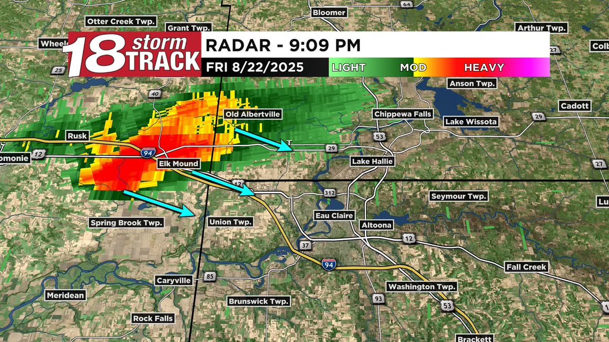 No lightning reported recently, but this shower contains a burst of heavy rain. It's currently (9:10 PM) over Elk Mound moving SE at about 25 mph.