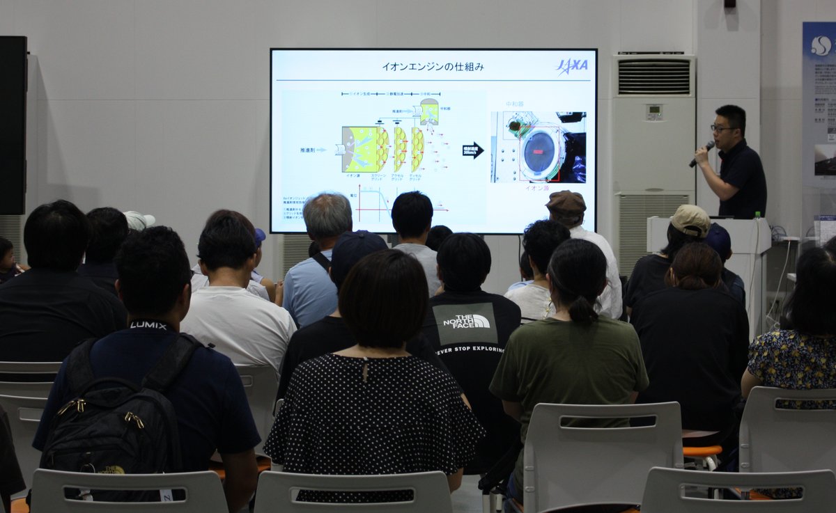 8月20日に4回目の「はやぶさ2#ミニ講演会」が行われました。講演者はイオンエンジン担当の山下裕介さん。イオンエンジンの仕組みや燃費など、多くの皆さんに講演を楽しんでいただきました。ミニ講演会はこれで終了です。暑い中、JAXA相模原キャンパスまでいらしていただき、ありがとうございました。