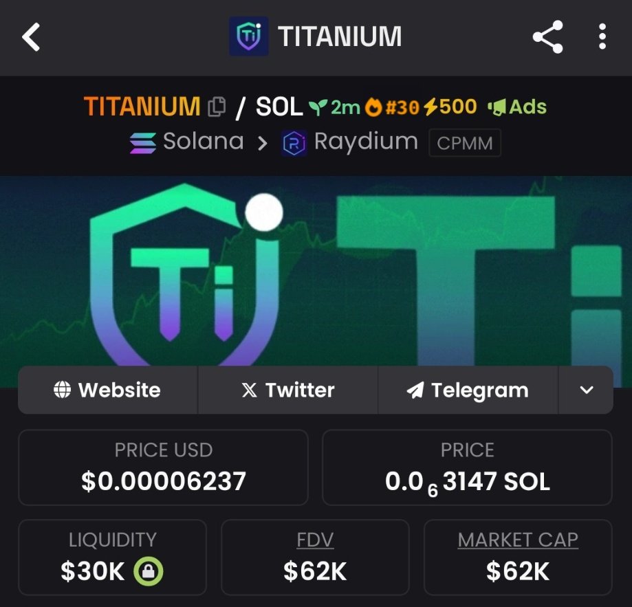 Highlighted $TITANIUM at $62k market cap in my TG community 🌕  DpdjbByf7fc3UTxHUco5fVmSGZAcW5XLgBsRmBs6mJua #Solana #TITANIUM #memecoin # crypto