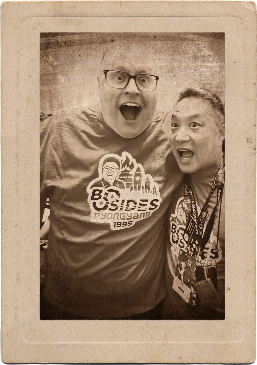 BSidesPyongyang's tweet photo. @brysonbort @Evil_Mog @lintile @lintile was there for #BSidesPyongyang1995. 

In fact, he was so inspired by our North Korean Hacker Jeopardy, he exported OUR idea to the west. 

The western Hacker Jeopardy lacks the dramatic tension of wrong answerers being sent to the re-education camp though. https://t.co/I3FiRlBwXj