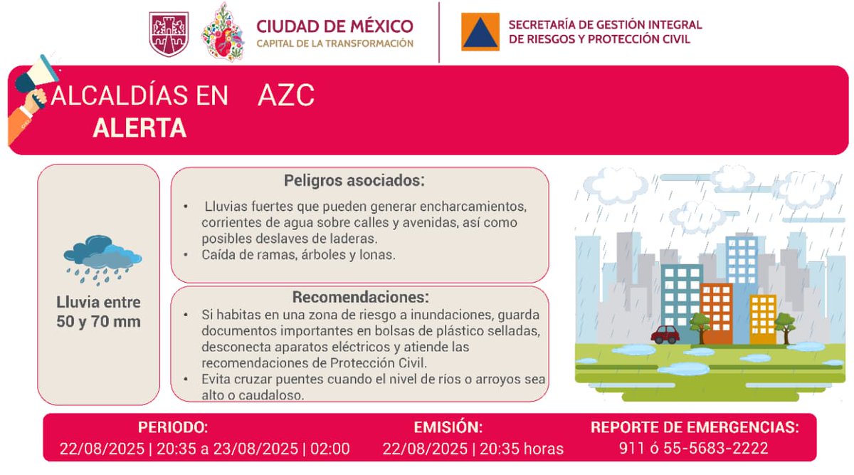Se activa #AlertaRoja por persistencia de #lluvias fuertes para la noche del viernes 22/08/2025 y madrugada del sábado 23/08/2025, en la demarcación: <a href="/AzcapotzalcoMx/">Alcaldía Azcapotzalco</a>. #PronósticoDelTiempo #LaPrevenciónEsNuestraFuerza #Tlaloque #OperativoLluvias2025