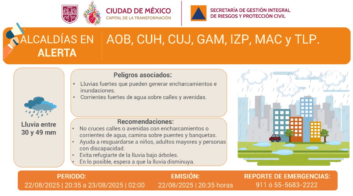 <a href="/AzcapotzalcoMx/">Alcaldía Azcapotzalco</a> Se actualiza #AlertaNaranja por persistencia de #lluvias fuertes para la noche del viernes 22/08/2025 y madrugada del sábado 23/08/2025, en las demarcaciones: <a href="/AlcaldiaAO/">Alcaldía Álvaro Obregón</a>, <a href="/AlcCuauhtemocMx/">Alcaldía Cuauhtémoc</a>, <a href="/cuajimalpa_gob/">Alcaldía Cuajimalpa</a>, <a href="/TuAlcaldiaGAM/">Alcaldía Gustavo A. Madero</a>, <a href="/Alc_Iztapalapa/">Alcaldía Iztapalapa</a>, <a href="/ALaMagdalenaC/">Alcaldía La Magdalena Contreras</a> y <a href="/TlalpanAl/">Alcaldía Tlalpan</a>.