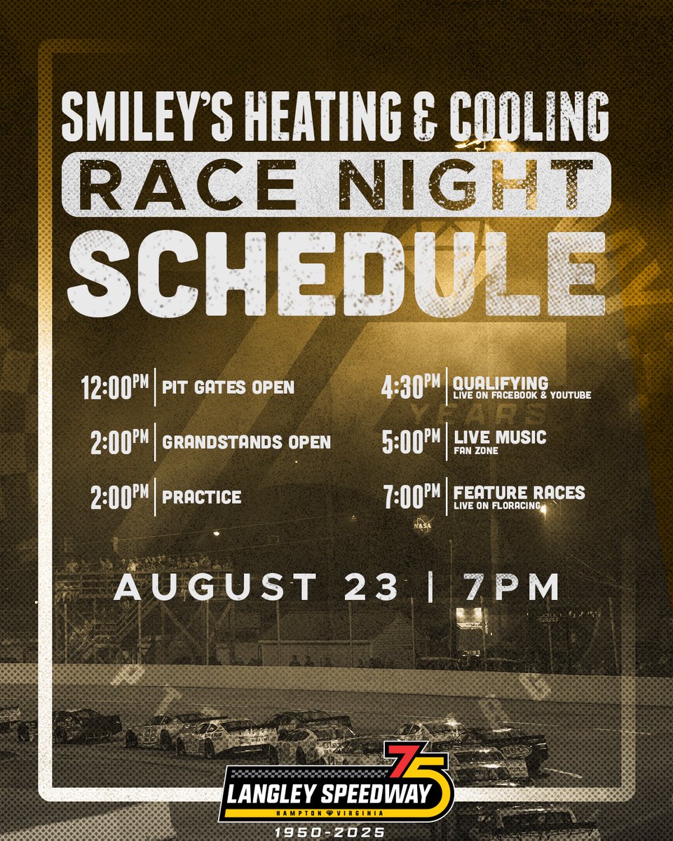 𝐆𝐞𝐭 𝐮𝐩! 𝐈𝐭'𝐬 <a href="/smileysheating/">Smiley Heating & Air</a> 𝐑𝐚𝐜𝐞 𝐃𝐚𝐲!
<a href="/NASCARRegional/">NASCAR Regional</a> | 🟢7pm

🎟 bit.ly/langleytickets
📺 <a href="/FloRacing/">FloRacing</a> 
ℹ️ bit.ly/3Jua03U