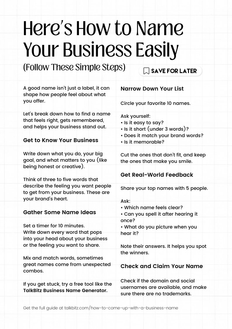 Struggling to name your business? 🧠

Here’s a simple roadmap to help you find a name that actually fits you.

🔗 social.talkbitz.com/wxfub