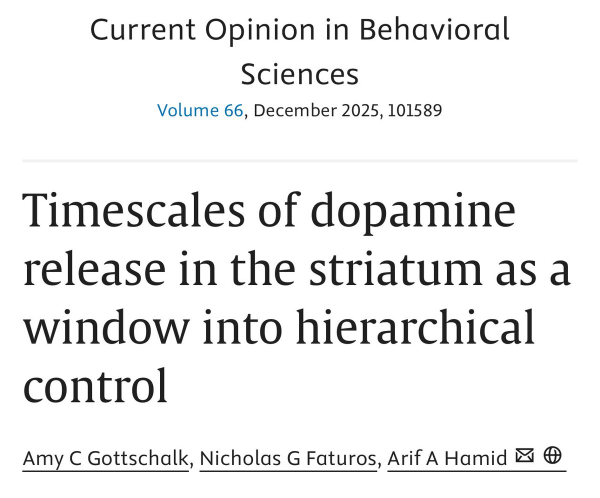 Proud of Amy and Nick, who review technical and theoretical gaps in timescales of dopamine fluctuations.

We argue that DA fluctuations are hierarchical control signals, and “tonic” DA relays goal alignment across planning horizons and C-BG hierarchy.

sciencedirect.com/science/articl…
