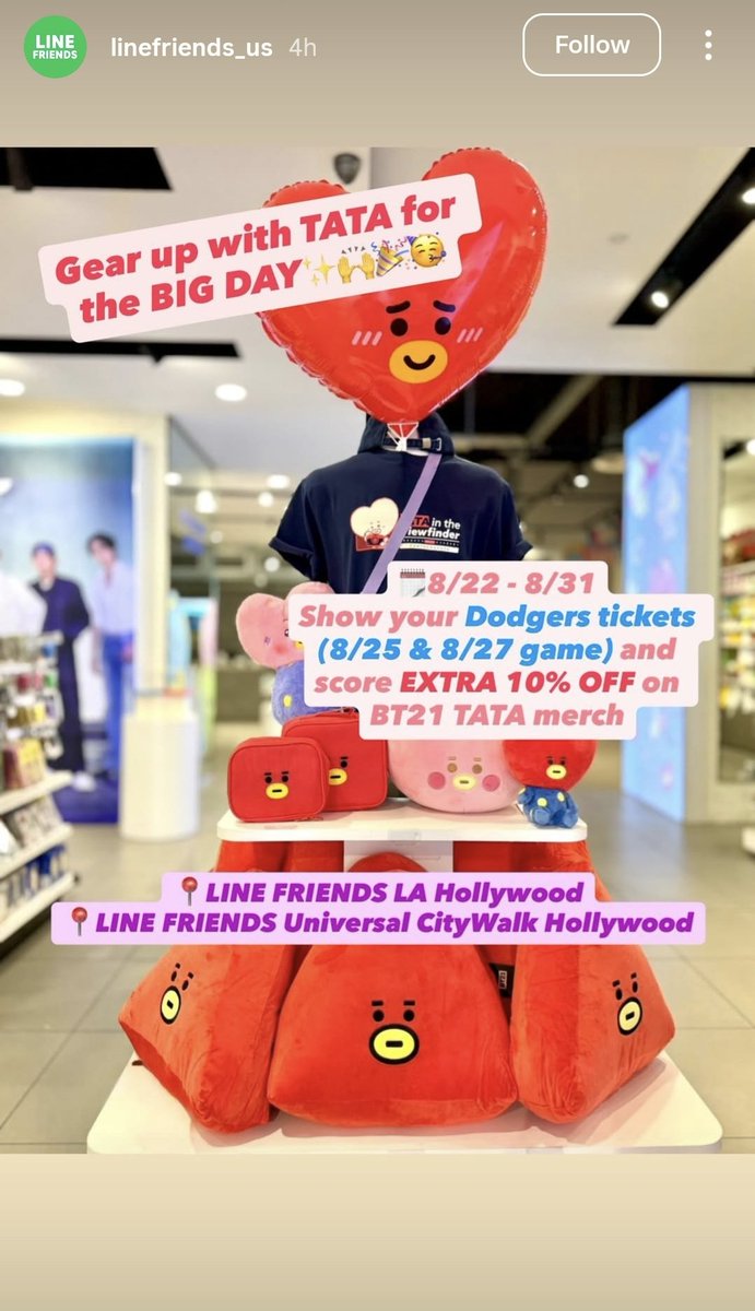 KTHIndonesia's tweet photo. TATA menyambut papa TAETAE!

Toko LINE Friends di Hollywood Boulevard Los Angeles dan di Universal CityWalk Hollywood ikut meriahkan first pitch Taehyung untuk LA Dodgers!

Ada diskon 10% untuk pembelian BT21 TATA pada 22-31 Agustus dengan menunjukkan tiket pertandingan Dodgers pada 25 dan 27 Agustus