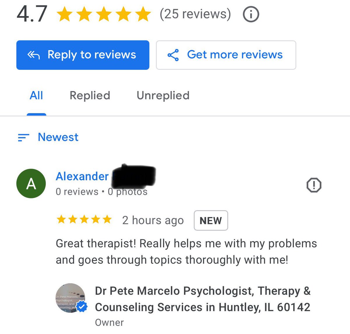 #googlereview 

In person and teletherapy serving Illinois with Office in Huntley, IL 60142. 
#therapist #counseling #psychologist #lifecoach
#www.drpetemarcelo.org #anxiety #googlereview #health #stress #therapy  #mentalhealth 
drpetemarcelo.org
drpetemarcelo.com
