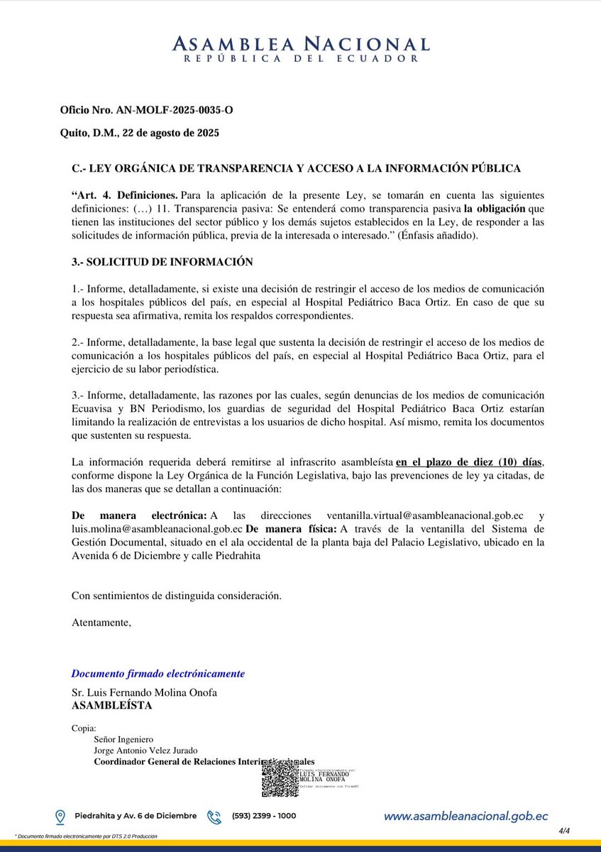 ⚠️ SALUD BAJO CANDADO

El Gobierno quiere silenciar la crisis hospitalaria. En el Baca Ortiz, periodistas y pacientes denuncian intimidación y censura.

He exigido al <a href="/Salud_Ec/">Ministerio de Salud Pública 🇪🇨</a> que responda:
📌 ¿Quién ordenó restringir el acceso a la prensa?
📌 ¿Con qué base legal?
📌 ¿Por qué se