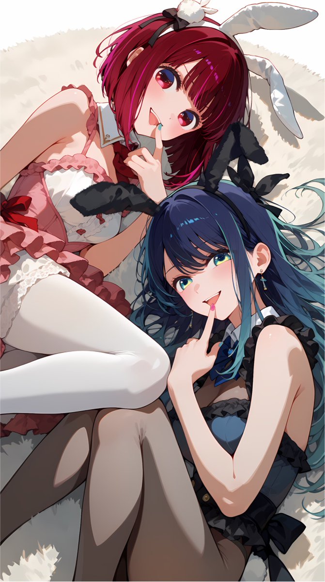 みんな、素敵な休日になぁれ——

【かな×あかね×バニー】

本日８月２３日は『バニーさんの日』！
※こじつけ

という事で、大人気のお二人から、皆様が素敵な休日を過ごせる事を、ご祈念いたします✨

「ねえ、みんなは今日、何して過ごすの？」

#有馬かな #黒川あかね #AIファンアート