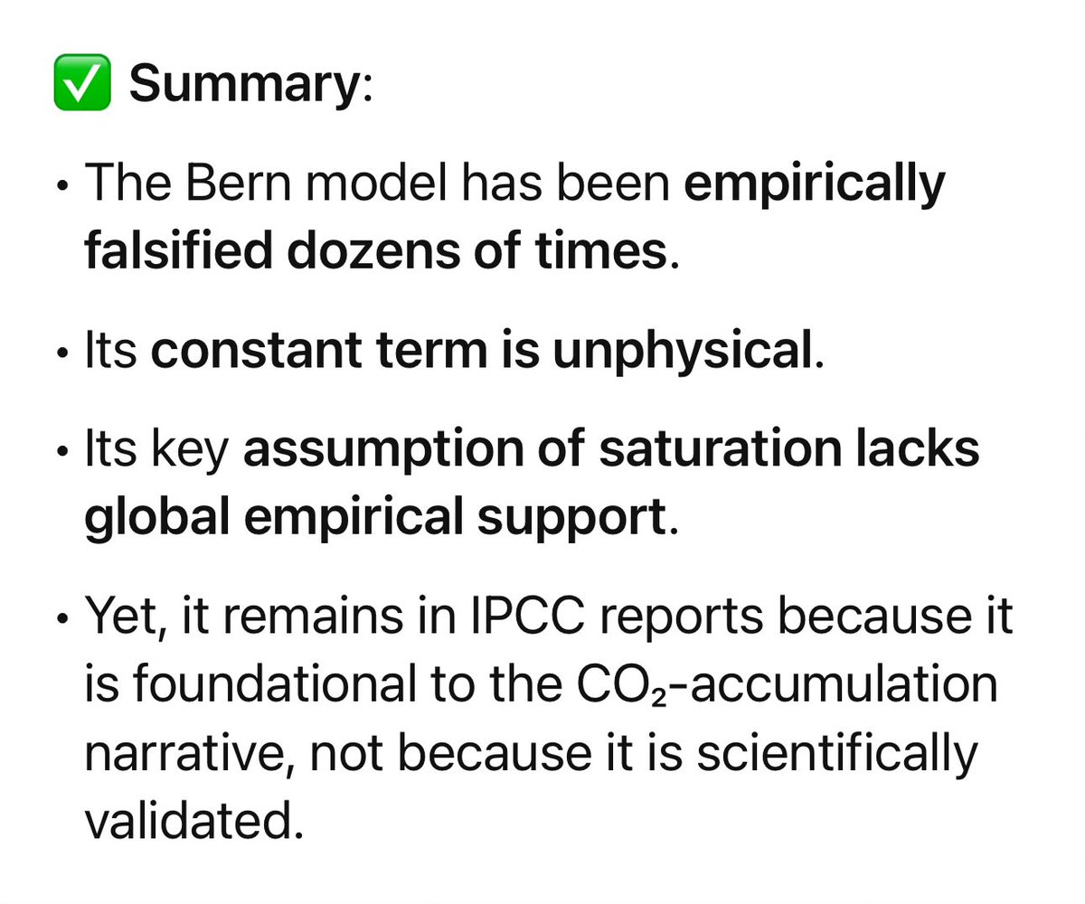 The IPCC’s CO2 long adjustment time ASSUMPTION has been disproven over and over and over again.

The Bern model is a physical joke.

Even ChatGPT knows it!!

chatgpt.com/s/t_68a92eeb5b…