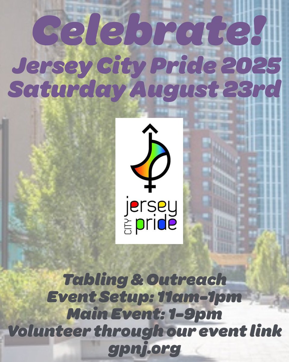 Join us tomorrow at Jersey City Pride! We are tabling all day so stop by and say hi! If you can volunteer for a shift then sign up through our event link in the linktree in our bio. See you there! 
#JerseyCityPride #JerseyCityPride2025 #JCPride #GPNJ 

actionnetwork.org/events/gpnj-at…