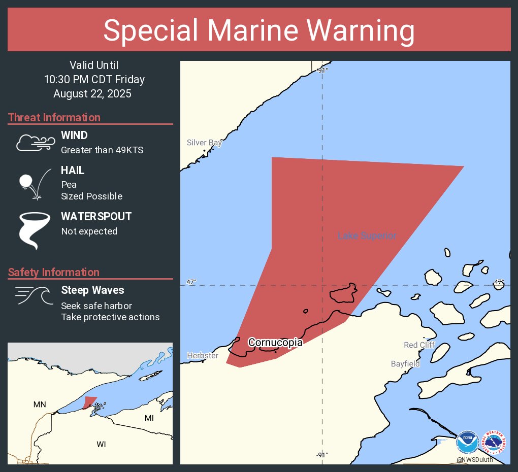 Special Marine Warning continues for the Lake Superior west of a line from Saxon Harbor WI to Grand Portage MN beyond 5NM, Outer Apostle Islands Beyond 5 NM from Mainland, Port Wing to Sand Island WI and Silver Bay Harbor to Two Harbors MN until 10:30 PM CDT