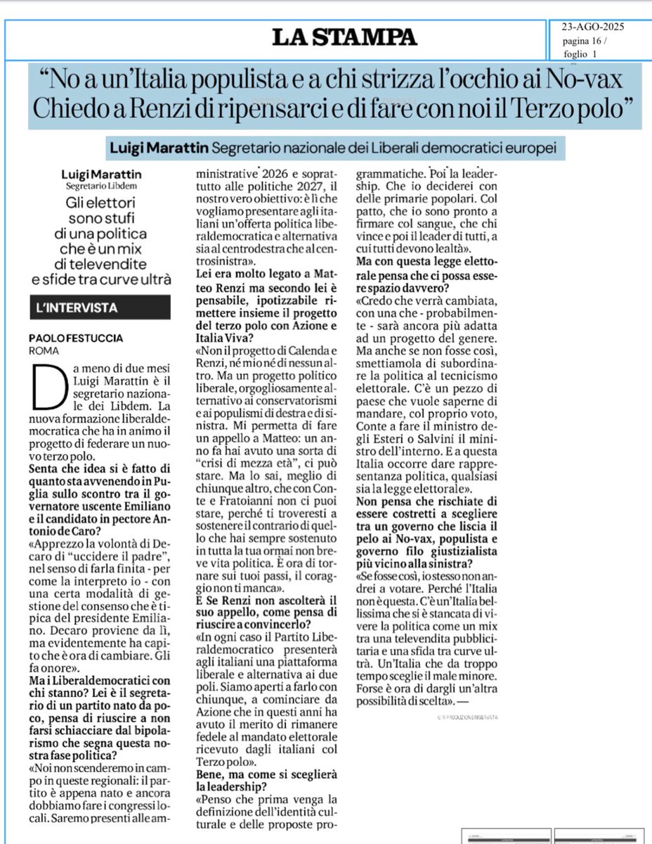 La mia intervista di oggi a La Stampa.

Là fuori c’è un’Italia bellissima che è stanca di lisciare i pelo ai populisti, di destra e di sinistra. E che ogni volta si rassegna a votare “il meno peggio”.

È ora di dare a questa Italia l’opportunità di fare una scelta diversa: