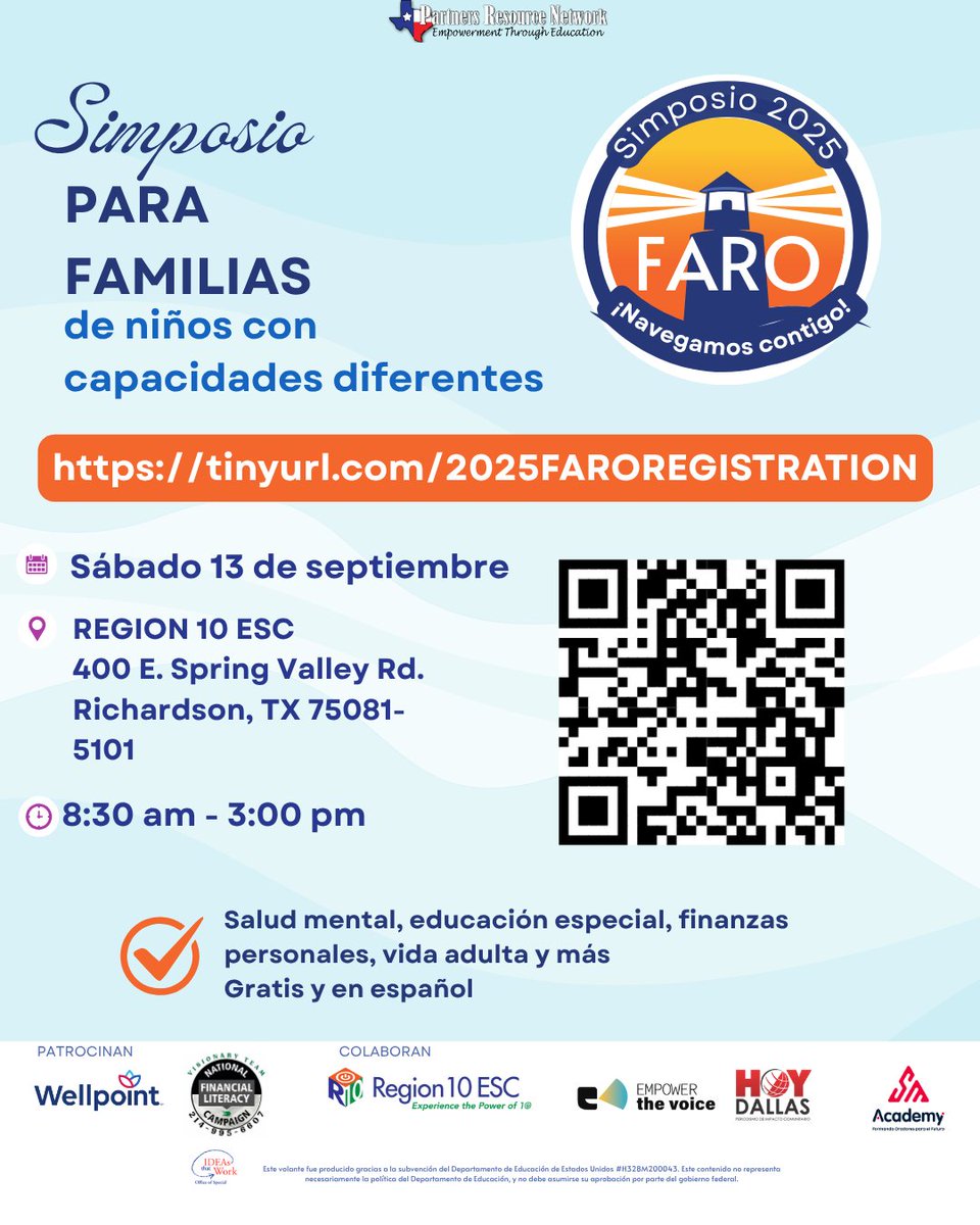 SAGE RISD PTA (@risdsagepta) on Twitter photo For Spanish-speaking SAGE families, from <a href="/PRNTexas/">PartnersResource</a>:
Un simposio gratuito y en español para familias de niños con discapacidades, diagnósticos o necesidades especiales.
📅 13 de septiembre
📍 Richardson, TX
Inscríbete aquí 👉 tinyurl.com/2025FAROREGIST…
(not affiliated with PTA/RISD) For Spanish-speaking SAGE families, from <a href="/PRNTexas/">PartnersResource</a>:
Un simposio gratuito y en español para familias de niños con discapacidades, diagnósticos o necesidades especiales.
📅 13 de septiembre
📍 Richardson, TX
Inscríbete aquí 👉 tinyurl.com/2025FAROREGIST…
(not affiliated with PTA/RISD)