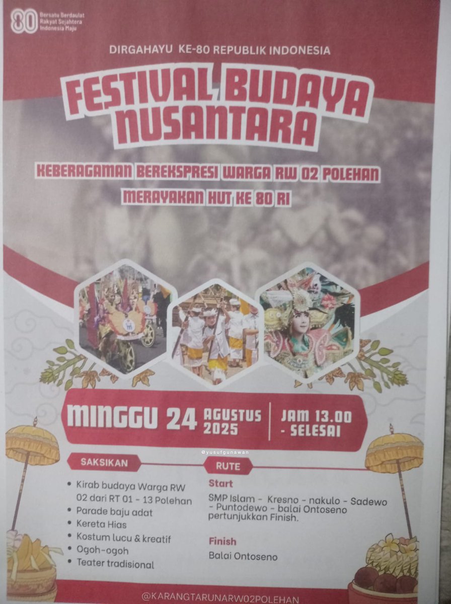 Tambahan buat besok, Minggu, 24 Agustus 2025 karnaval di kawasan Polehan/Puntodewo mulai 13:00 - selesai
Jl. Kalimosodo dan Jl. Muharto masuk ke Polehan infonya akan ditutup total. 
<a href="/infomalang/">Info Malang</a> <a href="/cityguide911fm/">City Guide 911 FM</a>