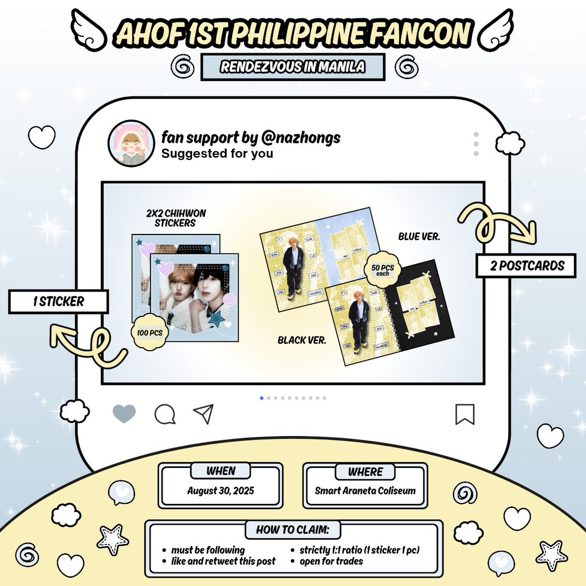 ꒰ఎ fansupport for ahofville ໒꒱ 𓈒𓂂𓏸♡

juwon postcard and chihwon sticker! 🌳

🍎 date: august 30, 2025
🍎 location: around araneta coliseum

#RENDEZVOUSinMANILA #AHOF