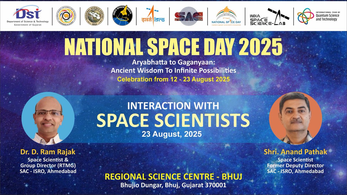 InfoGujcost's tweet photo. 23rd August marks #NationalSpaceDay - a day to celebrate #India’s space journey from #Aryabhata to #Chandrayaan
@InfoGujcost with SAC-ISRO we celebrate the achievements across #Gujarat and take Space Science Closer to the masses
#ISROSpaceTutor https://t.co/HQK8HjmIOK