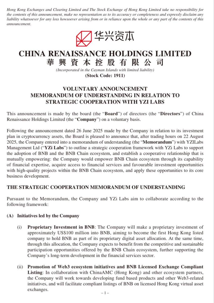🚨 BREAKING: China Renaissance, a leading Hong Kong investment bank, has  partnered with YZi Labs to invest $100M into $BNB This partnership aims to  fuel Web3 growth, launch institutional-grade crypto products, and
