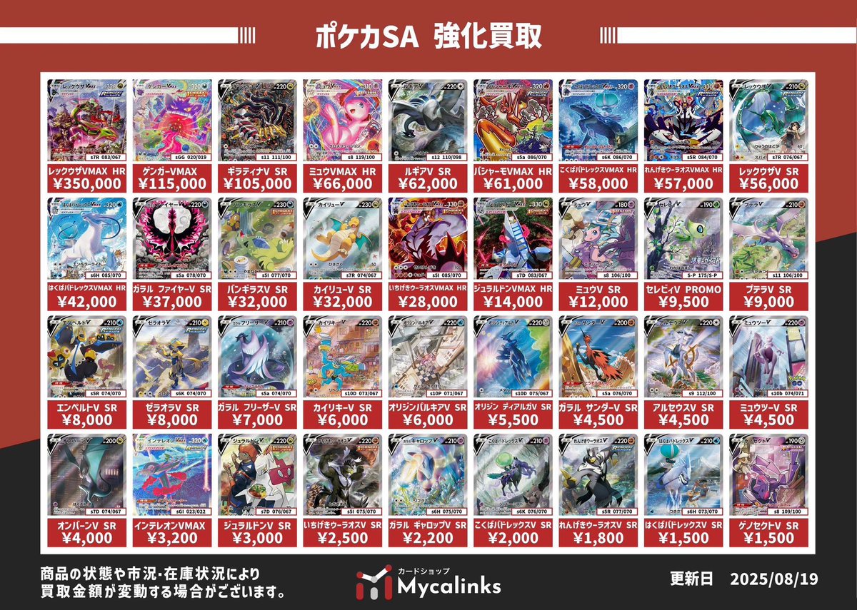 カードショップMycalinks (@mycalinks) on Twitter photo 🔥🔥地域最高値🔥🔥
💥ポケカSA 買取表💥
最新買取表です(8/23時点)
お持ち込みお待ちしております🙇♂️✨ 
※買取価格は現時点での価格です
※市況や在庫状況により変動することがあります
#ポケモンカードゲーム                  
#Mycalinksポケカ買取表
#買取リンクス 🔥🔥地域最高値🔥🔥
💥ポケカSA 買取表💥
最新買取表です(8/23時点)
お持ち込みお待ちしております🙇♂️✨ 
※買取価格は現時点での価格です
※市況や在庫状況により変動することがあります
#ポケモンカードゲーム                  
#Mycalinksポケカ買取表
#買取リンクス