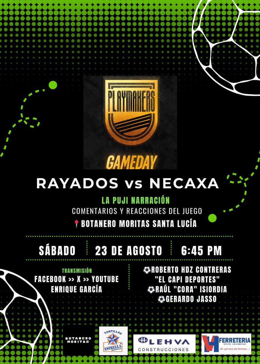P L A Y M A K E R S⚽🏈⚾🥊🏁 (@tvplaymakers) on Twitter photo ⚽️Sigue |Rayados - Necaxa | LigaMx
🔴La “pujinarración, pujirreación, y los pujicomentarios" en VIVO con <a href="/ElCapiDeportes/">Roberto Hernández Contreras</a> <a href="/coraisiordia/">Raul Isiordia</a> <a href="/jassocarrillo/">gerardo de jesus jasso carrillo</a> <a href="/CuatroRegion/">Región Cuatro Tv</a>
¡📱🔊Súbele al streaming y comenta con nosotros las acciones del partido!
#Playmakers #Gameday ⚽️Sigue |Rayados - Necaxa | LigaMx
🔴La “pujinarración, pujirreación, y los pujicomentarios" en VIVO con <a href="/ElCapiDeportes/">Roberto Hernández Contreras</a> <a href="/coraisiordia/">Raul Isiordia</a> <a href="/jassocarrillo/">gerardo de jesus jasso carrillo</a> <a href="/CuatroRegion/">Región Cuatro Tv</a>
¡📱🔊Súbele al streaming y comenta con nosotros las acciones del partido!
#Playmakers #Gameday
