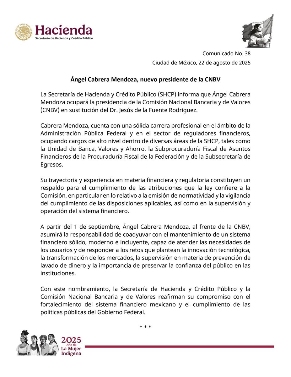 Ángel Cabrera Mendoza, nuevo presidente de la CNBV.

gob.mx/shcp/prensa/29…

#ComunicadoHacienda