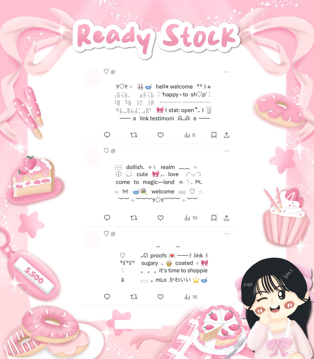 ⠀
ꔛ 𓈒˚  ⊹    help retweet? tysm!   ⊹

⁺ 𓂋 𓈒 🐾  halo! aku bawain pinned wording ready stock . . .  🎀🧁  bisa kamu jemput with price IDR. 5.500/each ▷˚﹢ 🍭👛 check ALT for more  ୧ ׅ ࣪ ⊹ ketuk DM for order ₊˚ ♡۫  💭🥣

♡ ꒰   #zonauang   ׂ꒱ ♡
⠀