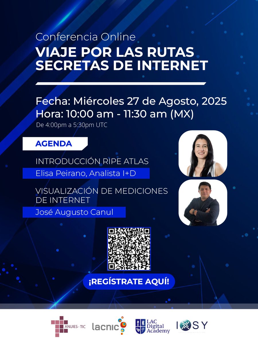 🔹 Webinar: RIPE Atlas – Viaje por las rutas secretas de Internet

🚀 Acompáñanos a descubrir cómo fluye la conectividad en América y el mundo con:
1️⃣ Elisa Peirano: Introducción a RIPE Atlas
2️⃣ Jose Augusto: Visualización de mediciones con Python

#Internet #RIPEAtlas