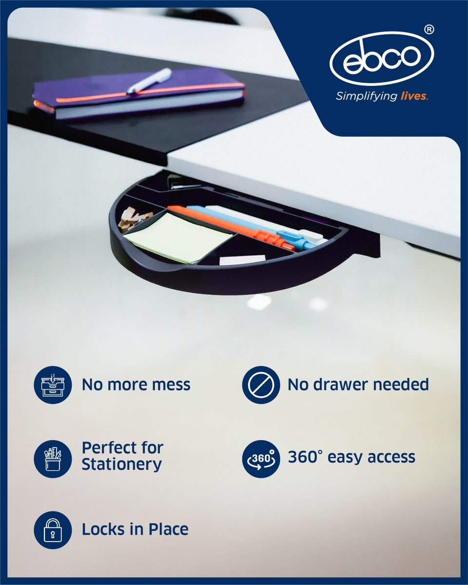 ebcohardware's tweet image. No drawers. No clutter. Just smart storage.
Meet the Rotating Under-Desk Tray by Ebco ✨

-360° rotation for easy access
-Mounted under the table—zero clutter
-Strong, durable &amp;amp; compact

Perfect for study tables &amp;amp; work-from-home setups.
#SmartLiving #HomeHacks #Ebco