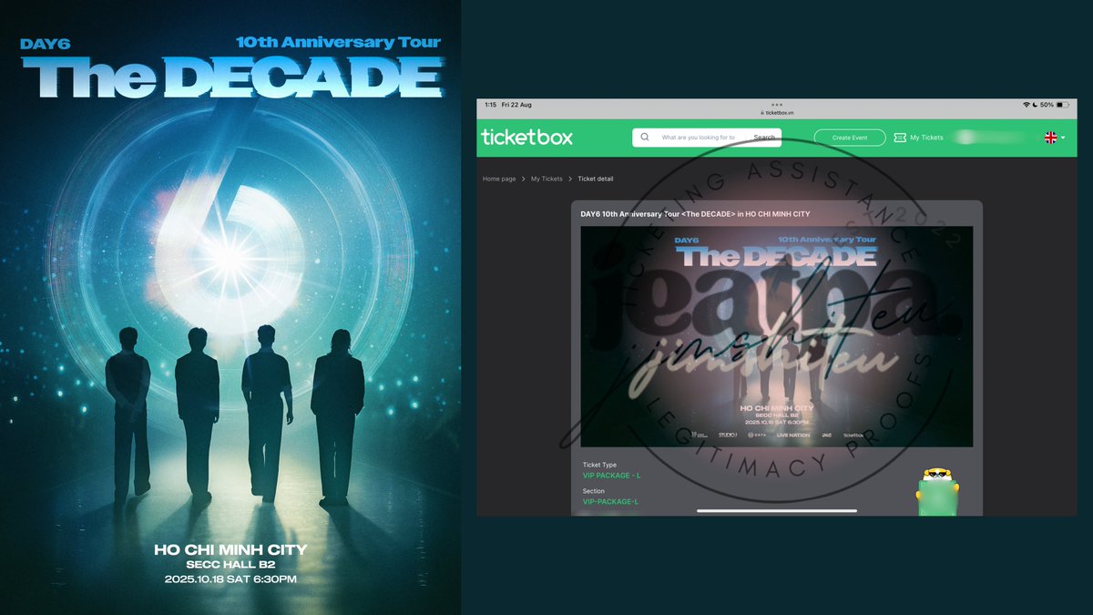 jea \⁷ ticket assistance! (@jimshiteu) on Twitter photo 🎐 TICKETS SECURED: DAY6 10th Anniversary Tour <The DECADE> | Ho Chi Minh! 🌷
— 𝑺𝒆𝒄𝒖𝒓𝒆𝒅 & 𝑵𝒐𝒕 𝒇𝒐𝒓 𝑺𝒂𝒍𝒆:
— (1) VIP Package
📍 August 22, 2025 | 1 ticket.
☑️ For past proofs, visit: bit.ly/jeatpa-proofs.
<a href="/jimshiteu/">jea \⁷ ticket assistance!</a> #jimshithanks 🍃 🎐 TICKETS SECURED: DAY6 10th Anniversary Tour <The DECADE> | Ho Chi Minh! 🌷
— 𝑺𝒆𝒄𝒖𝒓𝒆𝒅 & 𝑵𝒐𝒕 𝒇𝒐𝒓 𝑺𝒂𝒍𝒆:
— (1) VIP Package
📍 August 22, 2025 | 1 ticket.
☑️ For past proofs, visit: bit.ly/jeatpa-proofs.
<a href="/jimshiteu/">jea \⁷ ticket assistance!</a> #jimshithanks 🍃