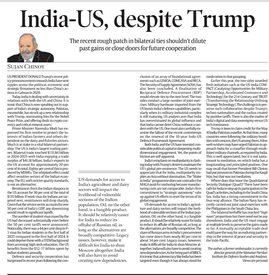 My piece in <a href="/IndianExpress/">The Indian Express</a> . The recent rough patch in #India #US ties shouldn’t dilute past gains or close doors for future cooperation. 
But only mutual respect will sustain the valuable strategic partnership, not unilateralism. Jai Hind! Link: share.google/EsycwojNRdq62E…