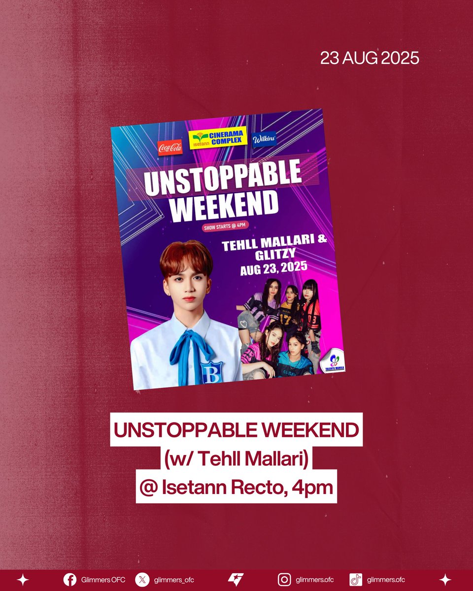 glimmers_ofc's tweet photo. Looks like all of us will have an UNSTOPPABLE WEEKEND with GLITZY today! Catch them at Isetann Recto @ 4PM along with Tehll Mallari ✨ 

Don’t forget our tags for today —

GLITZY IS UNSTOPPABLE
#UnstoppableWeekendwithGLITZY
#GLITZY #PPOP
@standout_glitzy https://t.co/Zd65PLgWrj