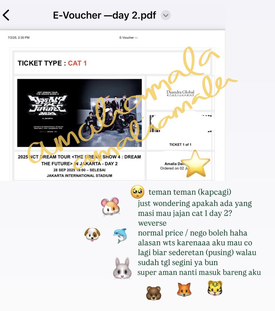 amaliamala's tweet photo. WTS CAT 1 DAY 2 NCT DREAM THE DREAM SHOW TDS4 (1tix)
weverse, secured 2.35
under price / negotiable
tiket atas namakuu nanti masuk bareng super aman 🤟🏻🤓🤟🏻 
dijual karenaaa mau co lagi biar sederetan 😭
tanya tanya bisa dm disini atau di ig yellowchmile 🌼

WTS WTB NCT DREAM https://t.co/OLXGPmiEaR
