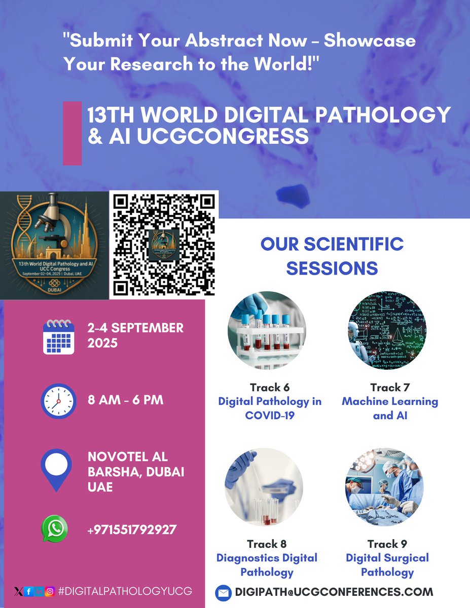 Submit Your Abstract Now for the 13th World Digital Pathology &amp; AI UCGCongress, happening from September 2–4, 2025 at Novotel Al Barsha, Dubai
Deadline Aug 26, 2025
Submit …lpathology.utilitarianconferences.com/submit-abstract
WhatsApp wa.me/+971551792927

#DigitalPathologyUCG #DigitalPathology