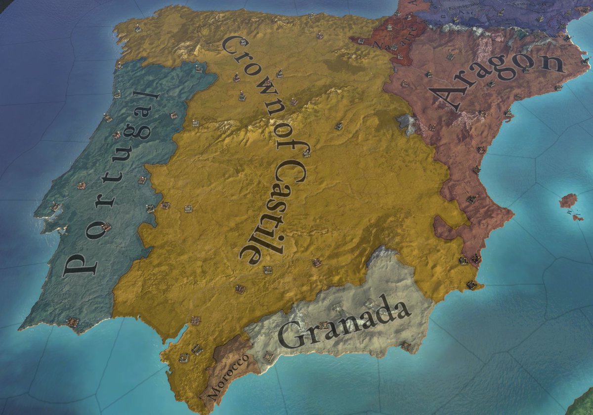 nekotei_m's tweet image. #EU5 #ProjectCaesar
Tinto Flavour#37はカスティーリャ/スペイン固有コンテンツの紹介
forum.paradoxplaza.com/forum/develope…

■歴史的背景
‣何度か統合と分割相続を繰り返していた王国を、1230年にフェルナンド3世がカスティーリャとレオンの両王国を継承し、以後分かたれることはなくなった…