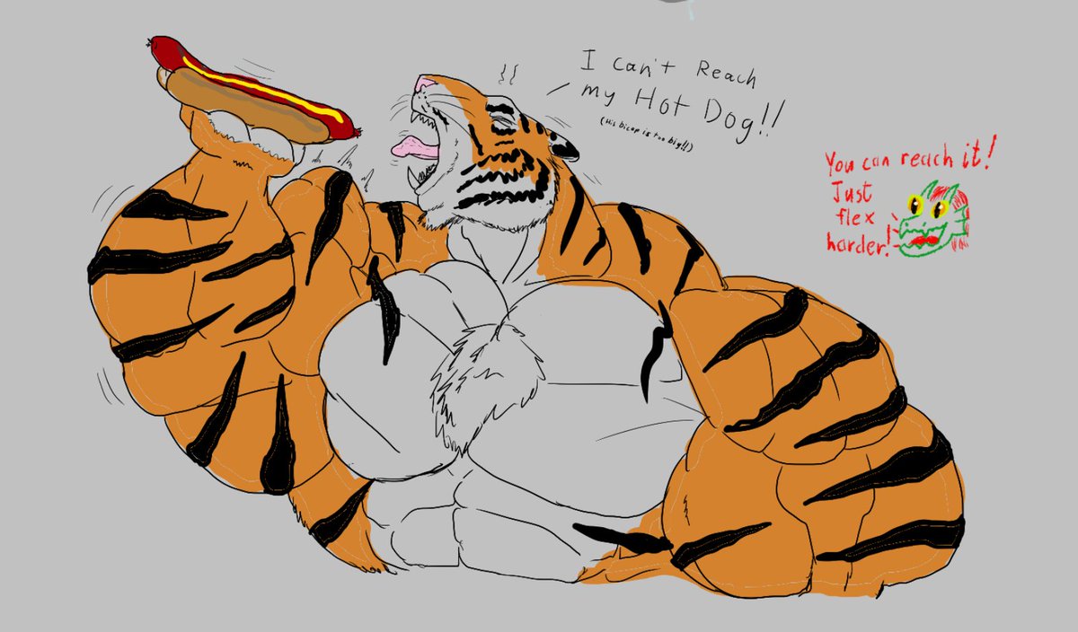My sketch for the Muscle-Fur's drawing collaboration.
This day's theme was BBQ.

Was struggling for an idea, so I ended up drawing a Tiger struggling to eat a hotdog due to his beefy arm being too big.

With encouraging words from <a href="/AlfMaywill/">@alf-maywill.bsky.social</a>