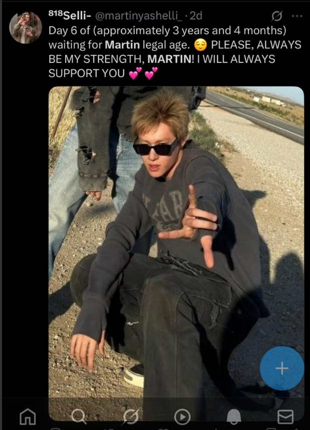 martinnisme's tweet image. Guys please rnb this account @/martinyashelli_ . She’s an adult but openly making suggestive comments and romanticizing martin, who’s still a minor. She even did a countdown to his legal age and openly admitted to having 18+ thoughts about him. This is predatory, disgusting, and…