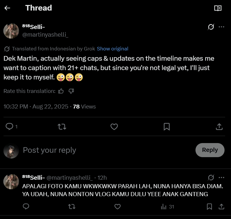 martinnisme's tweet image. Guys please rnb this account @/martinyashelli_ . She’s an adult but openly making suggestive comments and romanticizing martin, who’s still a minor. She even did a countdown to his legal age and openly admitted to having 18+ thoughts about him. This is predatory, disgusting, and…
