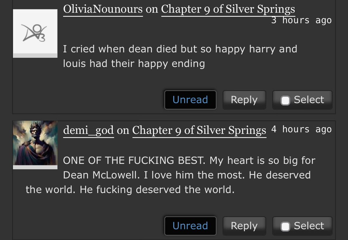 ‼️SILVER SPRINGS SPOILERS AHEAD‼️
.
.
.
.
.
.
.
.
as a writer, especially fanfic, this is such an achievement. the fact that people in a fanfic loved an original character that i brought to life enough to actually feel sm for him is probably the best thing i’ve heard.